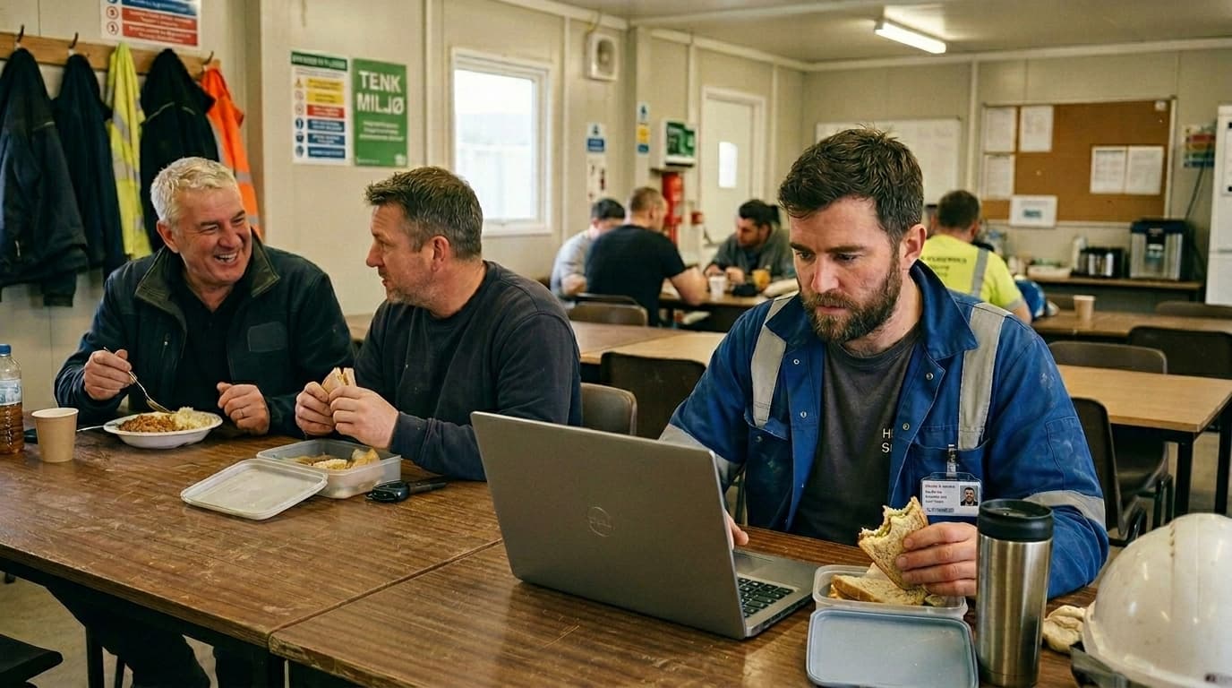 En tømrer i arbeidsklær sitter på en brakke og studerer HMS-dokumentasjon på en bærbar datamaskin med en kaffekopp ved siden av.
