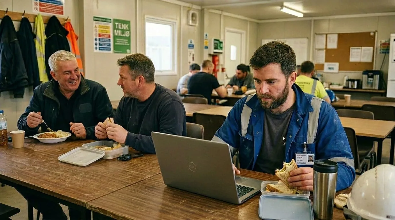 En tømrer i arbeidsklær sitter på en brakke og studerer HMS-dokumentasjon på en bærbar datamaskin med en kaffekopp ved siden av.