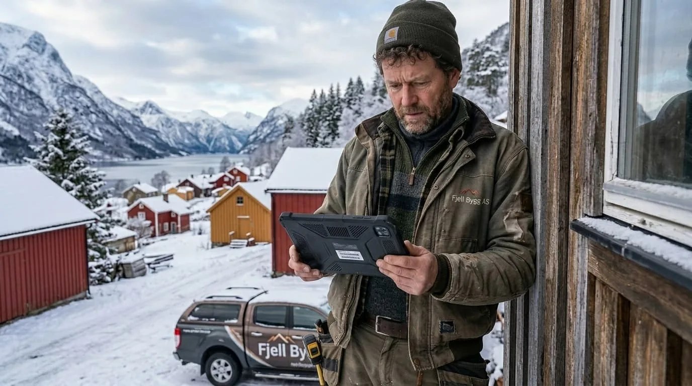 Håndverker som planlegger anbud på nettbrett