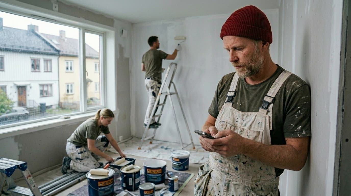 Tre malere i arbeidsklær står inne i et rom som pusses opp og maler en vegg.