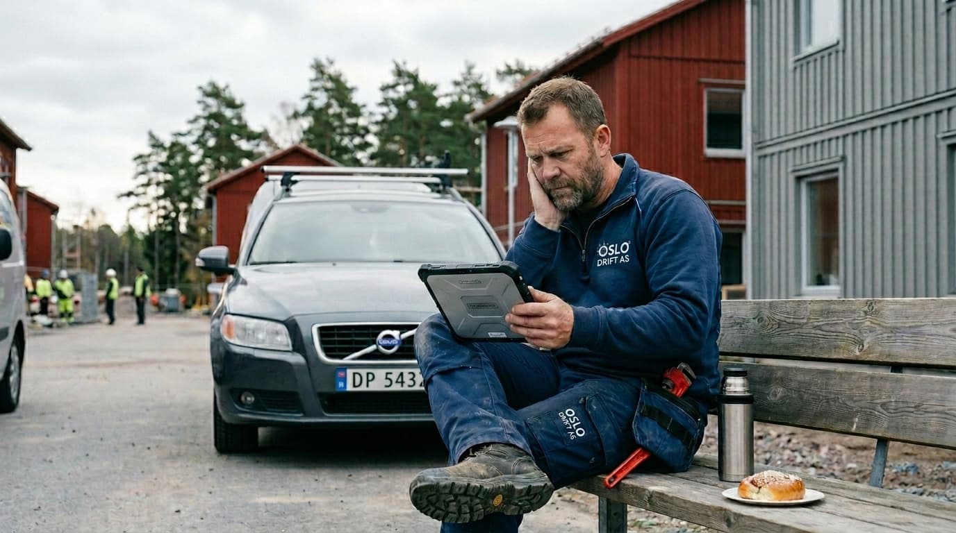 Rørlegger sjekker detaljer for offentlig rammeavtale på nettbrett