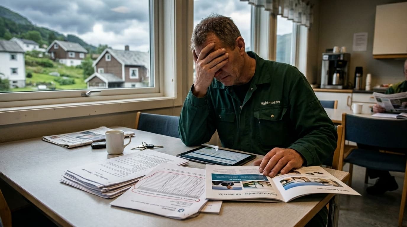 En vaktmester som går nøye igjennom dokumenter på en bærbar datamaskin før han sender inn et anbud.