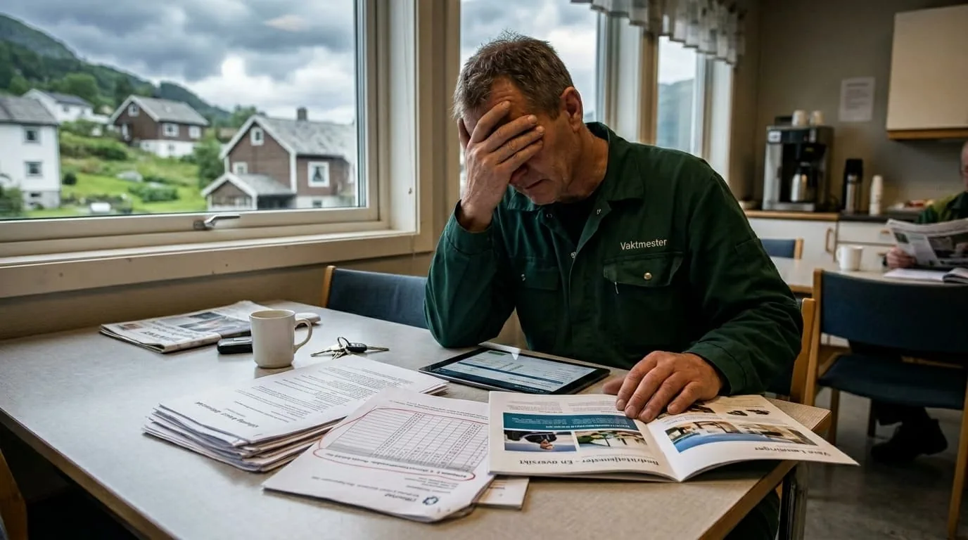 En vaktmester som går nøye igjennom dokumenter på en bærbar datamaskin før han sender inn et anbud.