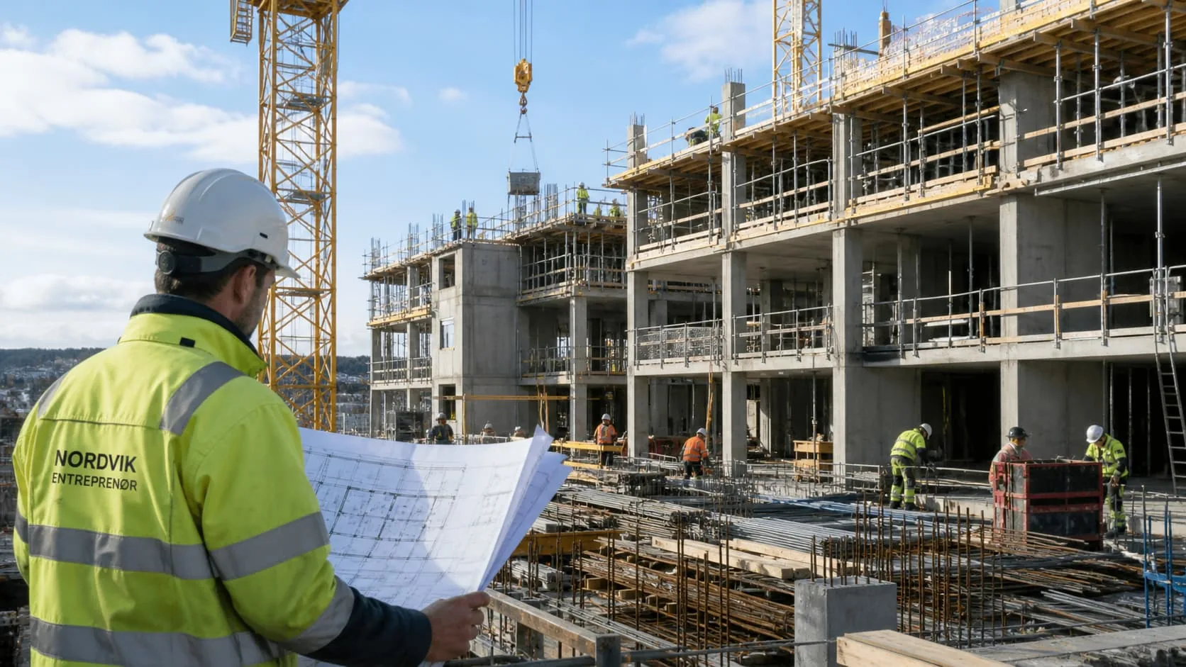 Entreprenør med tegninger foran stor byggeplass i Norge